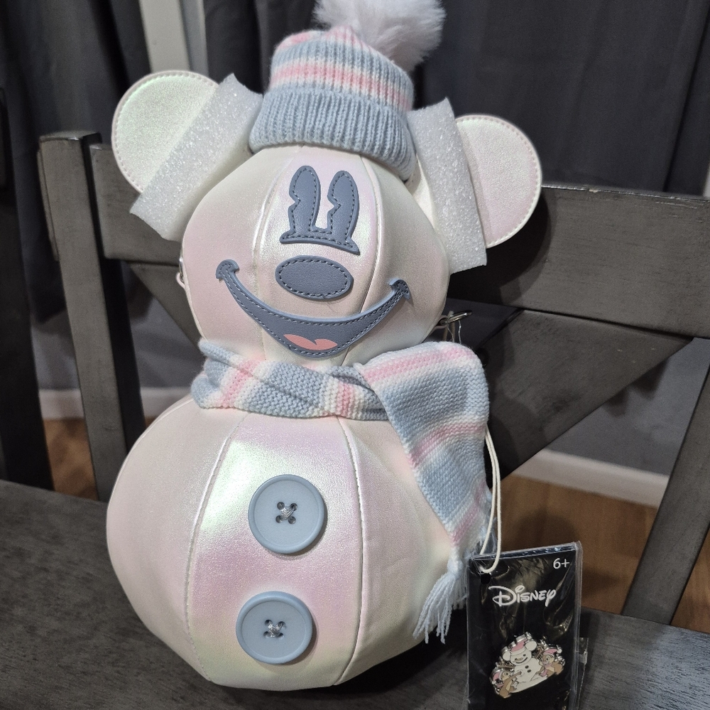 Loungefly Disney Mickey Mouse Winter Snowman Iridescent Figural Crossbody NWT